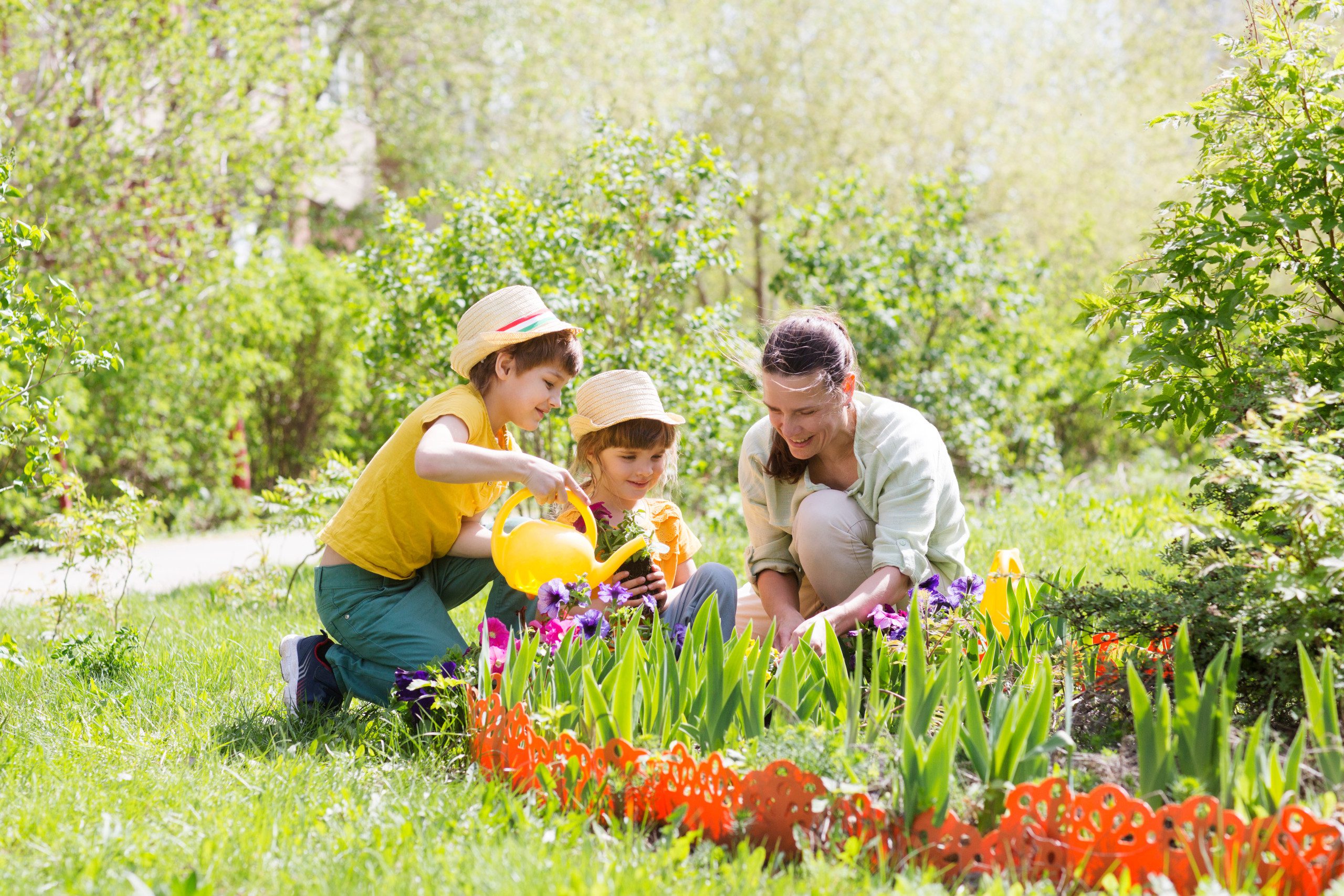 mother and two kids plant flowers in the garden near the houme o